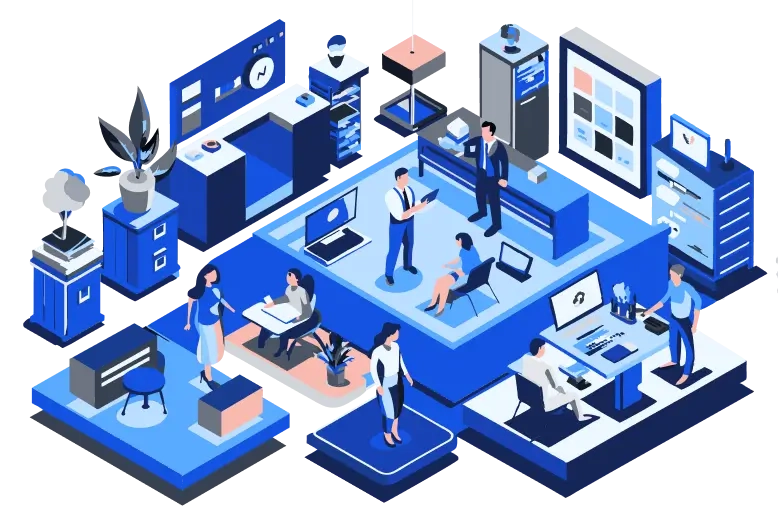 Isometric illustration of a multi-level office workspace