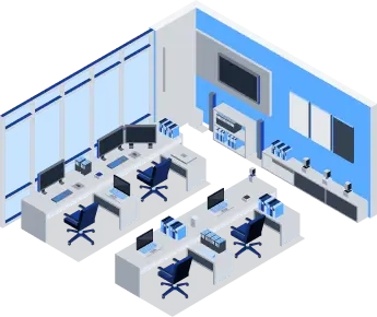 Illustration of an open co-working space with multiple desks