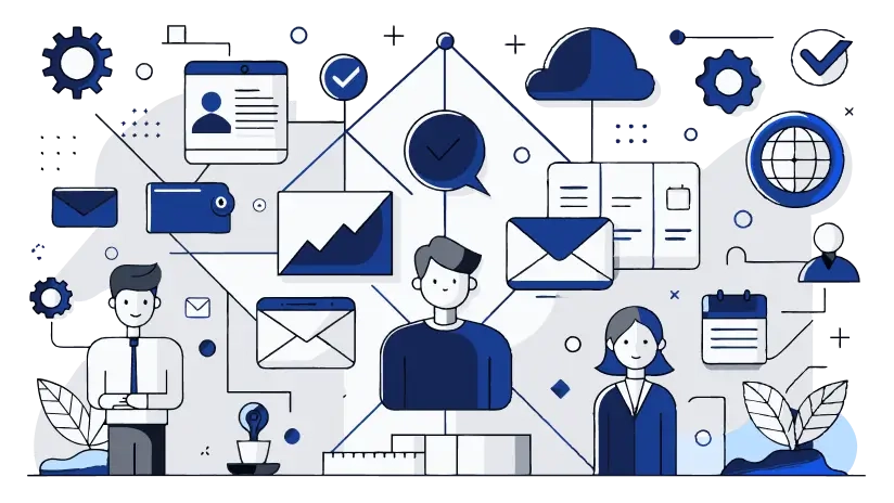 Illustration of business support services with charts and communication icons