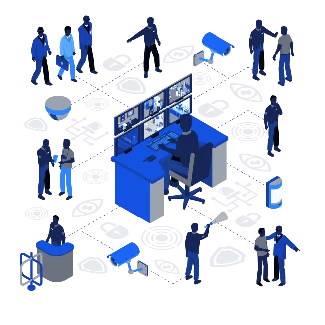 Illustration of a secure operations control room with monitoring screens
