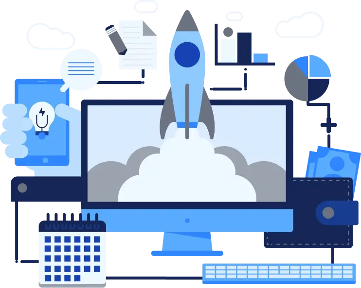Illustration of business licensing and setup with rocket and digital tools