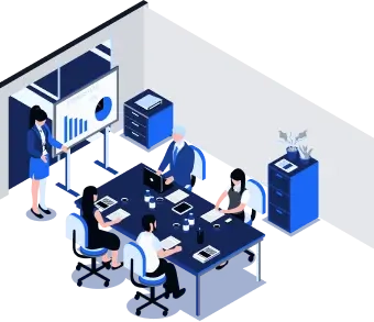 Illustration of a meeting room with conference table and screen