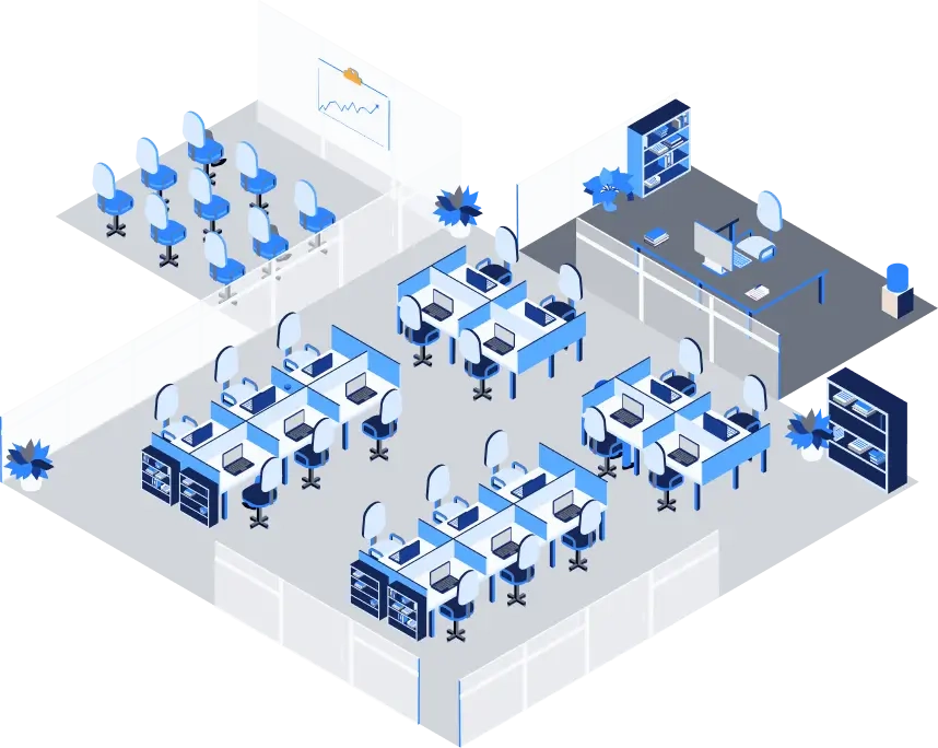 Illustration of a professional office environment with desks and partitions
