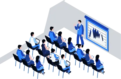 Illustration of a training room with presenter and audience seating