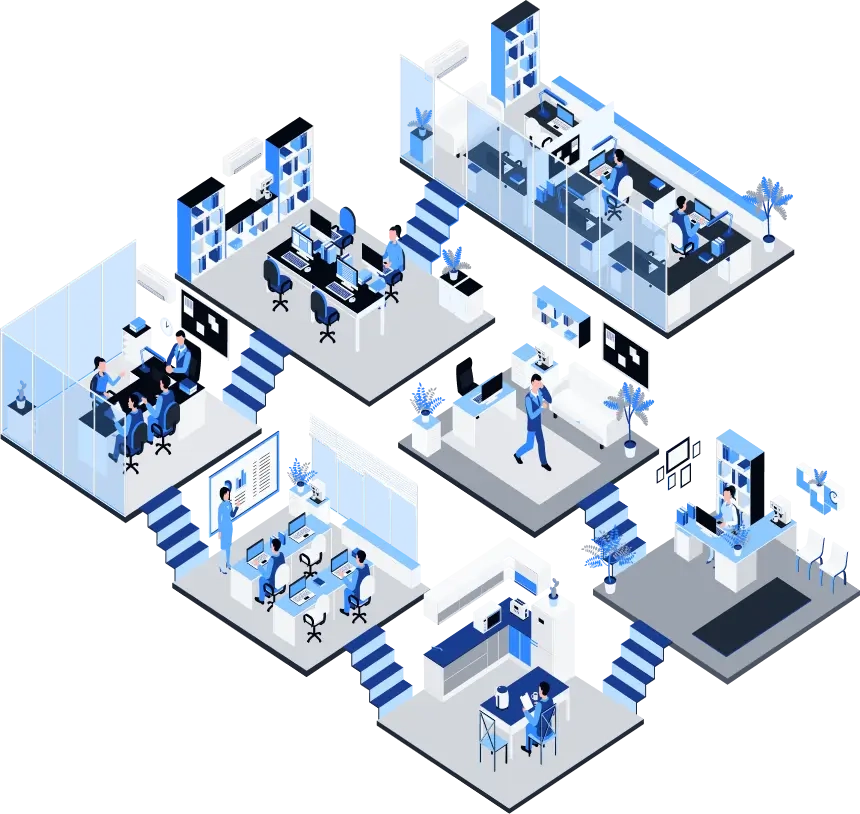 Isometric illustration of a multi-level office workspace