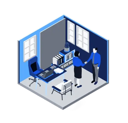 Illustration of two people shaking hands in a shared workspace