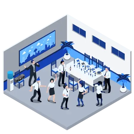Illustration of an event space with cocktail tables