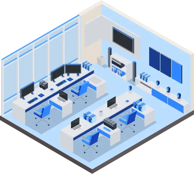 Illustration of a small team office with multiple workstations