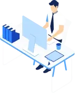 Illustration of a person working at a desk with a large monitor